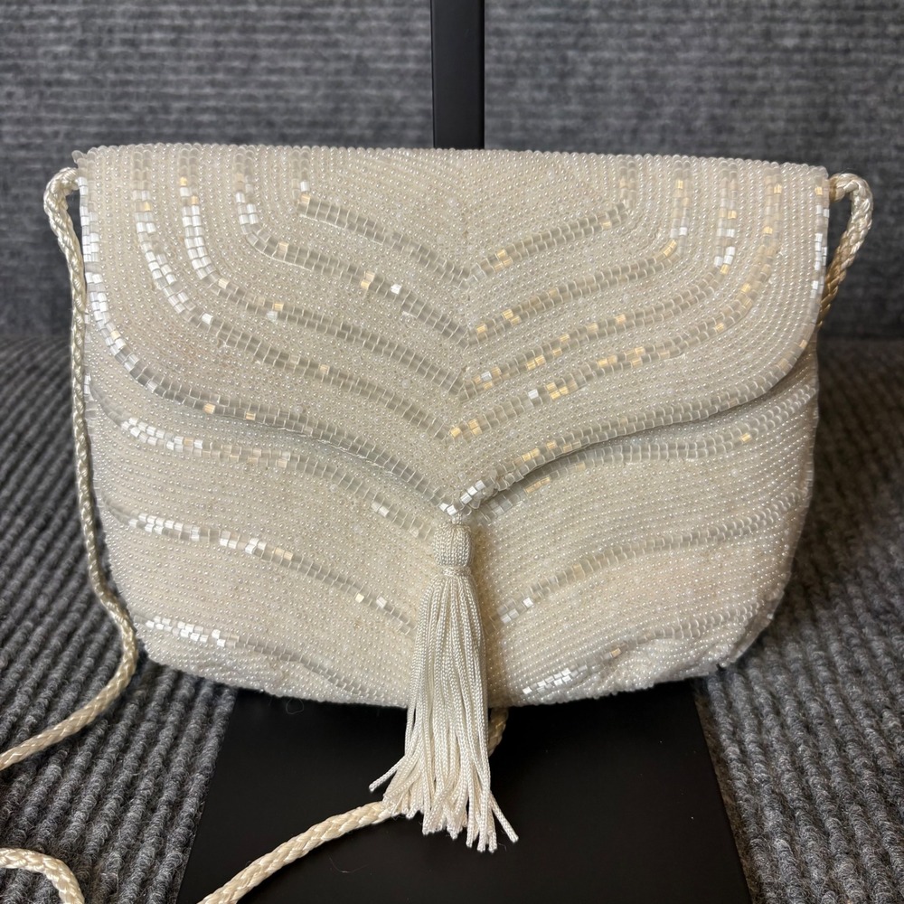 Carla Marchi Vintage Ivory Beaded Evening Bag Cream Tassel Crossbody Purse Bride - Picture 2 of 7